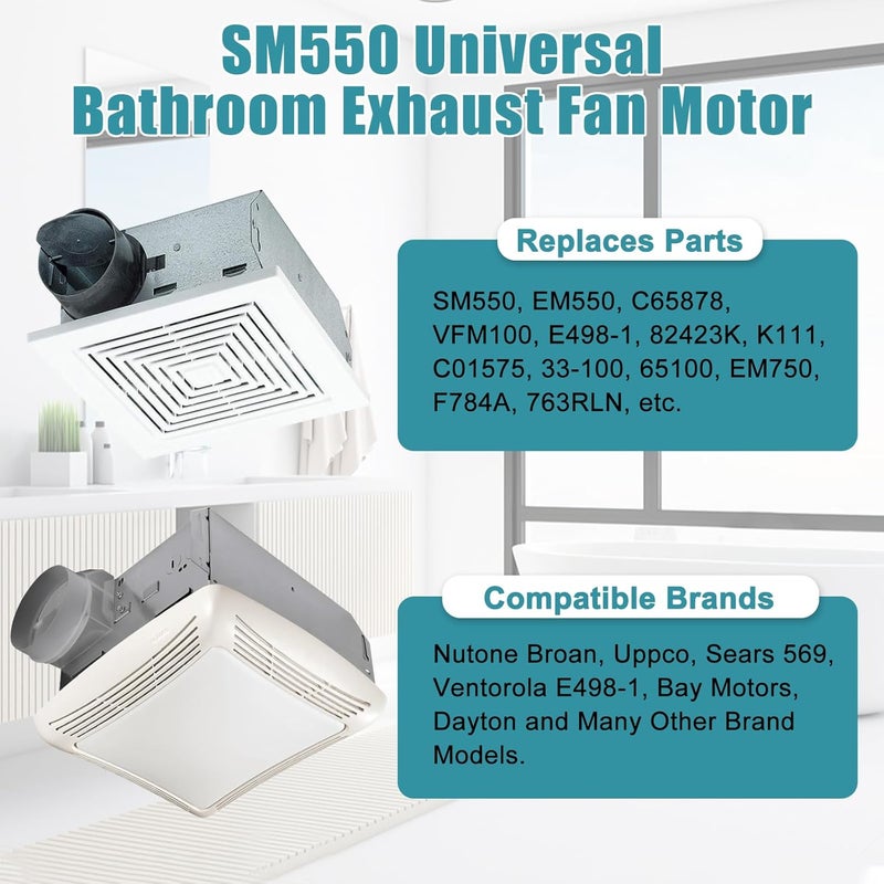Criditpid Universal Bathroom Vent Fan Motor, SM550 Electric Motor Kit for Nutone Broan Bathroom Exhaust Fan Replace C01575, 65100, EM550, EM750, VFM100, E498-1, 82423K, K111, C65878, 50CFM, 2-Pack - Image 3